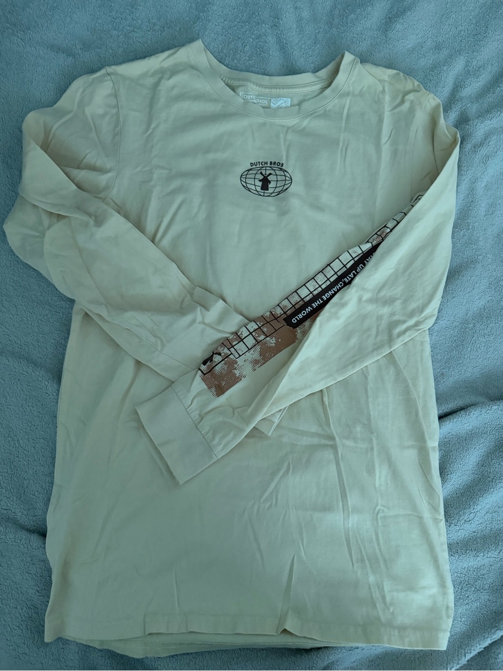 Dutch Bros Cream Long Sleeve Graphic Tee with Brown Sleeve Art